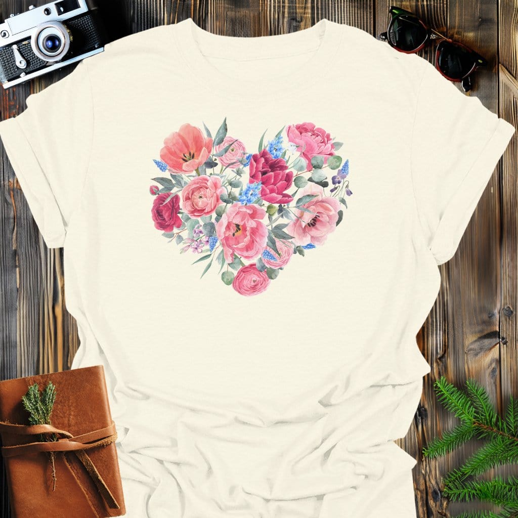 Blossom Heart T-Shirt In Natural / S Lightweight adventure tee for outdoor lovers Perfect for hiking camping or road trips Made from soft breathable cotton for all-day comfort Ideal for nature lovers and adventurers FAYO Threads outdoor apparel remember Fun Awaits You Outside