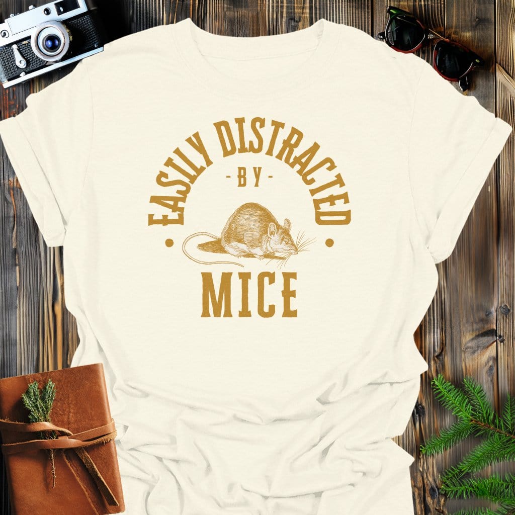 Distracted By Mice T-Shirt In S / Natural Lightweight adventure tee for outdoor lovers Perfect for hiking camping or road trips Made from soft breathable cotton for all-day comfort Ideal for nature lovers and adventurers FAYO Threads outdoor apparel remember Fun Awaits You Outside