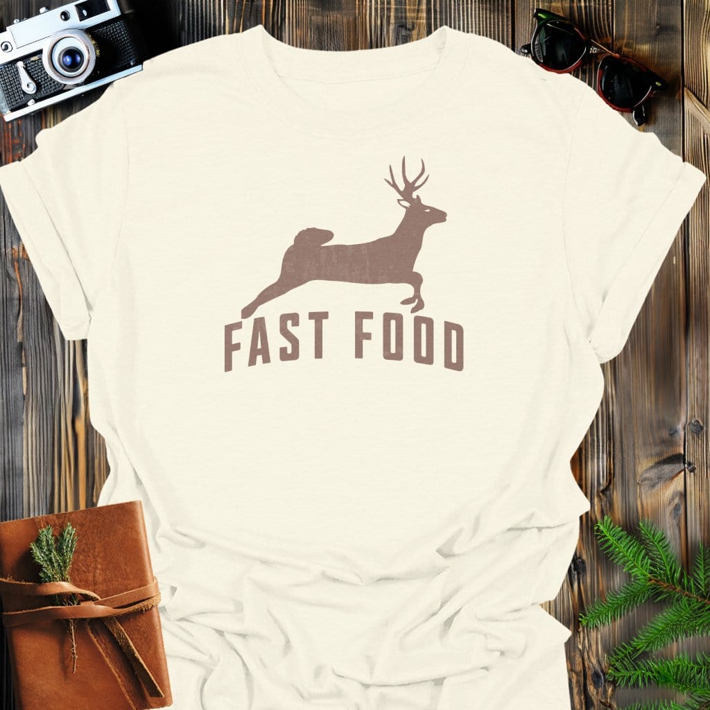 Fast Food T-Shirt In Natural / S Lightweight adventure tee for outdoor lovers Perfect for hiking camping or road trips Made from soft breathable cotton for all-day comfort Ideal for nature lovers and adventurers FAYO Threads outdoor apparel remember Fun Awaits You Outside
