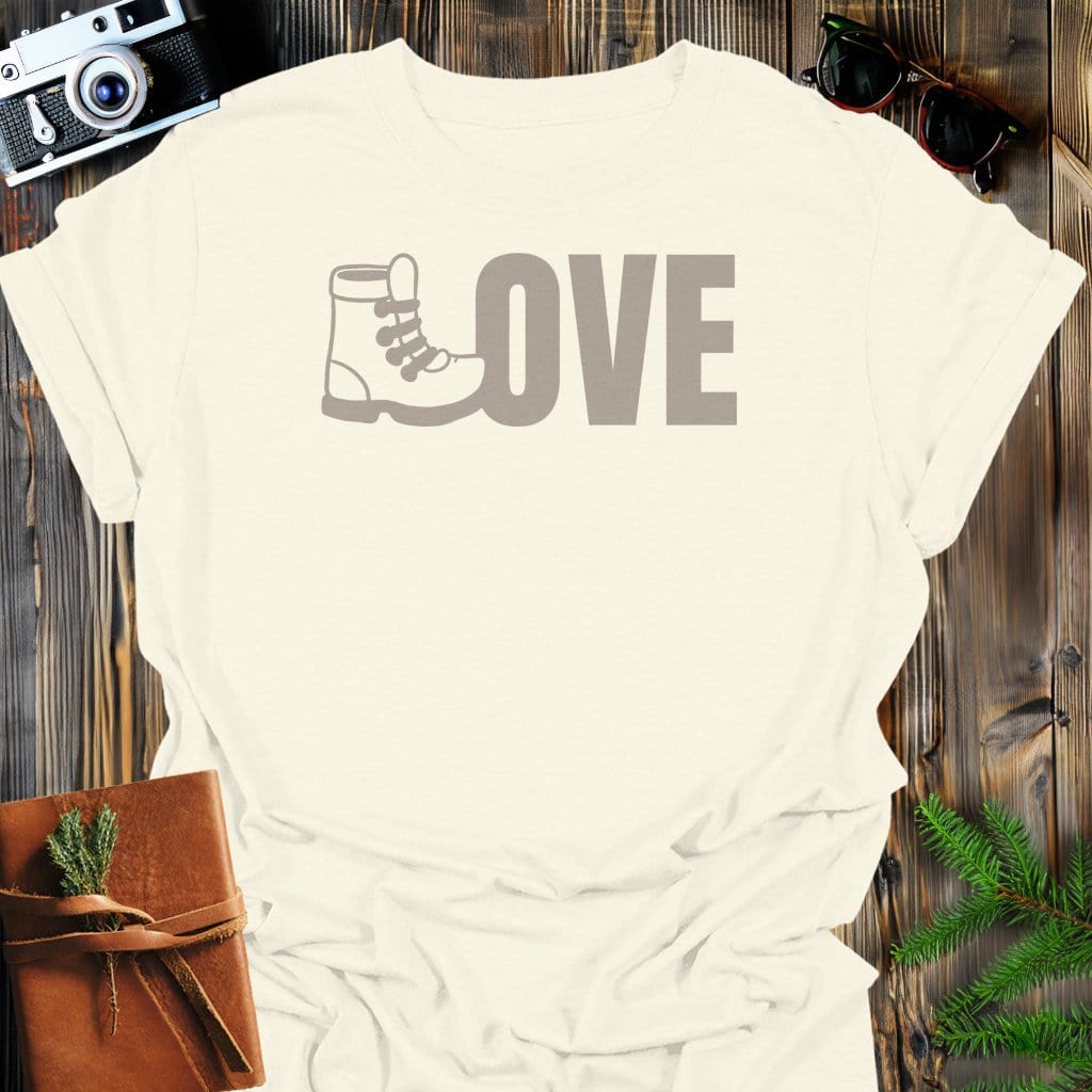 Love Hiking Boot T-Shirt In Natural / S Lightweight adventure tee for outdoor lovers Perfect for hiking camping or road trips Made from soft breathable cotton for all-day comfort Ideal for nature lovers and adventurers FAYO Threads outdoor apparel remember Fun Awaits You Outside