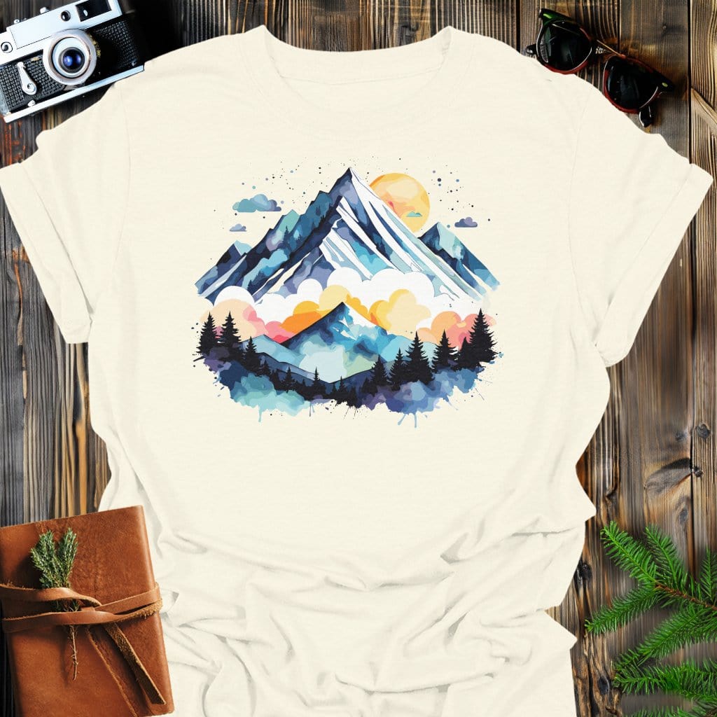 Painted Peaks T-Shirt In Natural / S Lightweight adventure tee for outdoor lovers Perfect for hiking camping or road trips Made from soft breathable cotton for all-day comfort Ideal for nature lovers and adventurers FAYO Threads outdoor apparel remember Fun Awaits You Outside
