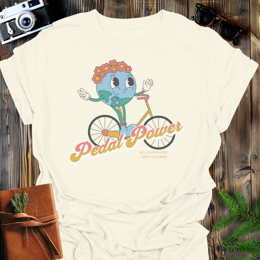 Pedal Power Earth T-Shirt In Natural / S Lightweight adventure tee for outdoor lovers Perfect for hiking camping or road trips Made from soft breathable cotton for all-day comfort Ideal for nature lovers and adventurers FAYO Threads outdoor apparel remember Fun Awaits You Outside