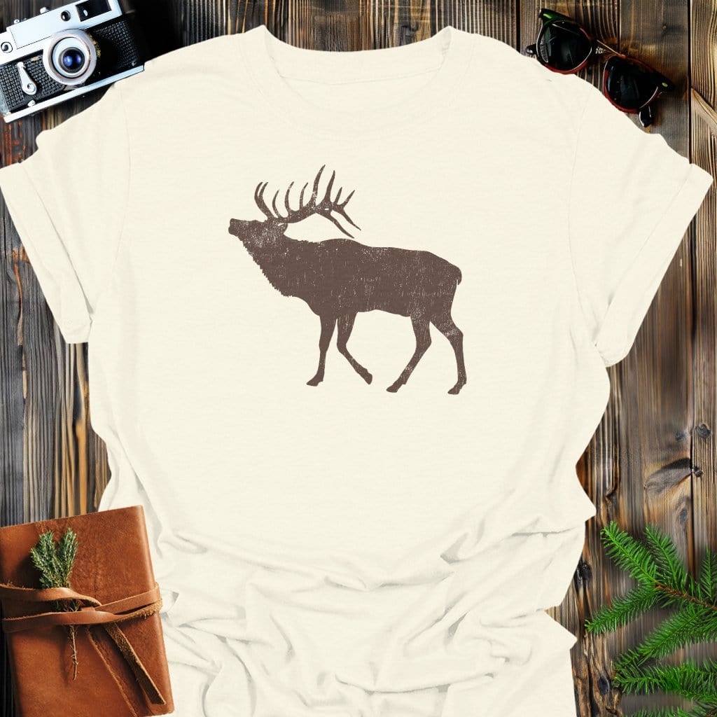 Rustic Elk T-Shirt In Natural / S Lightweight adventure tee for outdoor lovers Perfect for hiking camping or road trips Made from soft breathable cotton for all-day comfort Ideal for nature lovers and adventurers FAYO Threads outdoor apparel remember Fun Awaits You Outside