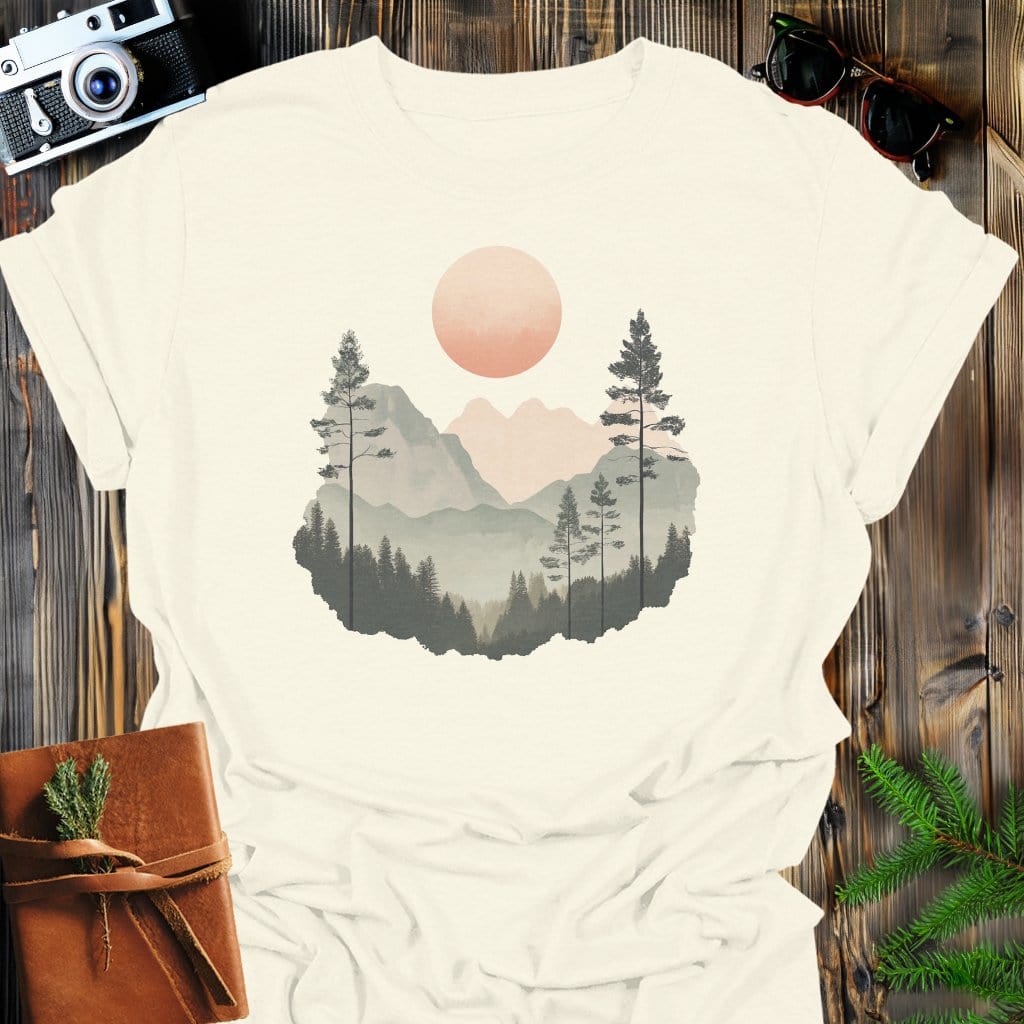 Serene Peaks T-Shirt In Natural / S Lightweight adventure tee for outdoor lovers Perfect for hiking camping or road trips Made from soft breathable cotton for all-day comfort Ideal for nature lovers and adventurers FAYO Threads outdoor apparel remember Fun Awaits You Outside