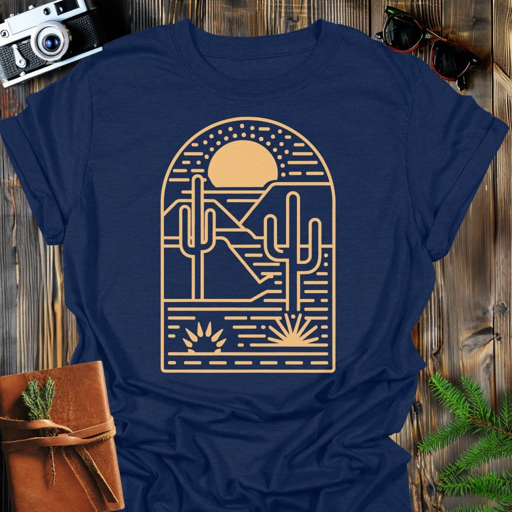 Desert Sun T-Shirt In Navy / S Lightweight adventure tee for outdoor lovers Perfect for hiking camping or road trips Made from soft breathable cotton for all-day comfort Ideal for nature lovers and adventurers FAYO Threads outdoor apparel remember Fun Awaits You Outside