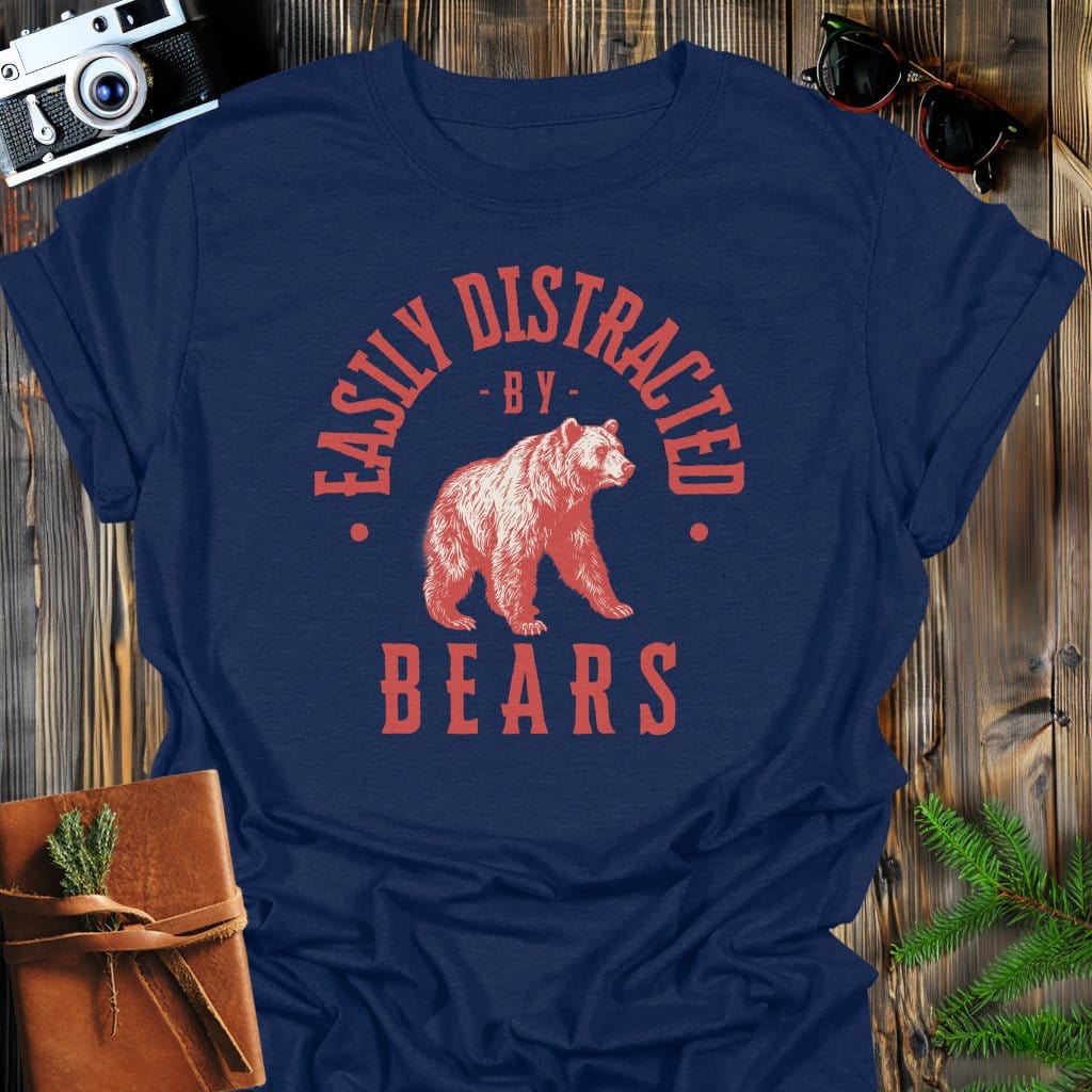 Distracted by Bears T-Shirt In S / Navy Lightweight adventure tee for outdoor lovers Perfect for hiking camping or road trips Made from soft breathable cotton for all-day comfort Ideal for nature lovers and adventurers FAYO Threads outdoor apparel remember Fun Awaits You Outside