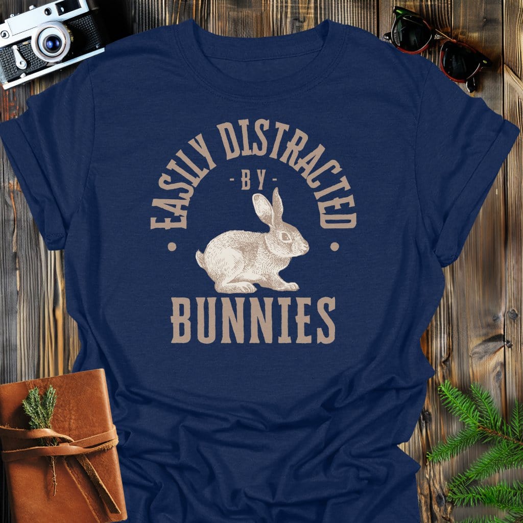 Distracted By Bunnies T-Shirt In S / Navy Lightweight adventure tee for outdoor lovers Perfect for hiking camping or road trips Made from soft breathable cotton for all-day comfort Ideal for nature lovers and adventurers FAYO Threads outdoor apparel remember Fun Awaits You Outside
