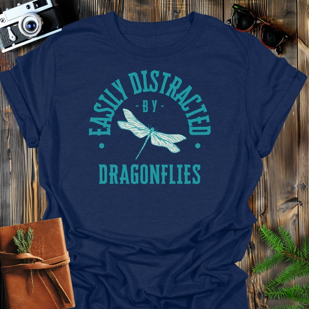 Distracted By Dragonflies T-Shirt In S / Navy Lightweight adventure tee for outdoor lovers Perfect for hiking camping or road trips Made from soft breathable cotton for all-day comfort Ideal for nature lovers and adventurers FAYO Threads outdoor apparel remember Fun Awaits You Outside