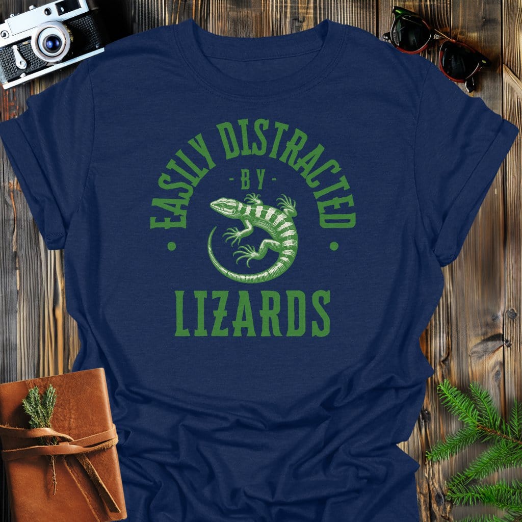 Distracted By Lizards T-Shirt In S / Navy Lightweight adventure tee for outdoor lovers Perfect for hiking camping or road trips Made from soft breathable cotton for all-day comfort Ideal for nature lovers and adventurers FAYO Threads outdoor apparel remember Fun Awaits You Outside