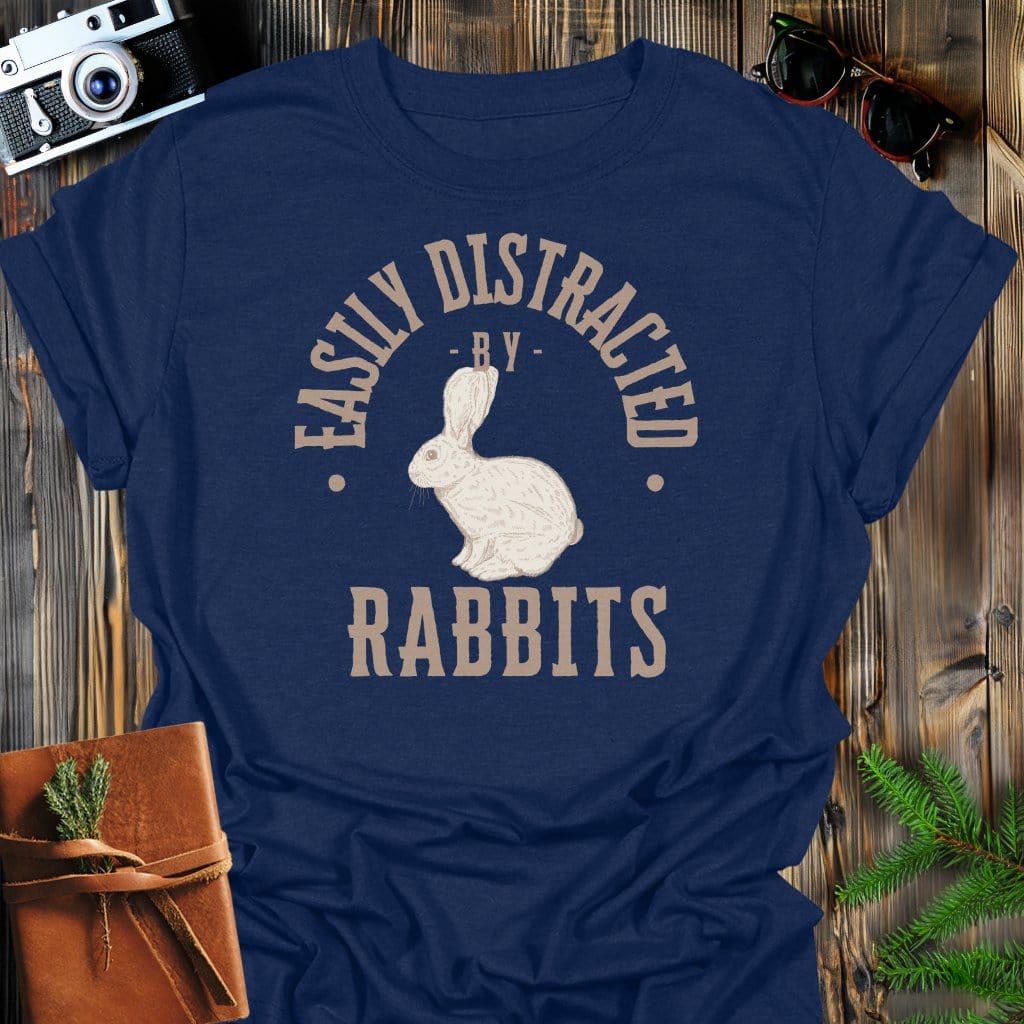 Distracted By Rabbits T-Shirt In S / Navy Lightweight adventure tee for outdoor lovers Perfect for hiking camping or road trips Made from soft breathable cotton for all-day comfort Ideal for nature lovers and adventurers FAYO Threads outdoor apparel remember Fun Awaits You Outside