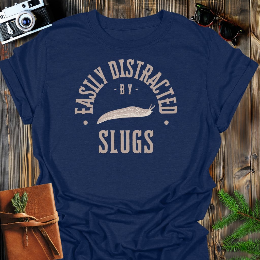Distracted By Slugs T-Shirt In S / Navy Lightweight adventure tee for outdoor lovers Perfect for hiking camping or road trips Made from soft breathable cotton for all-day comfort Ideal for nature lovers and adventurers FAYO Threads outdoor apparel remember Fun Awaits You Outside