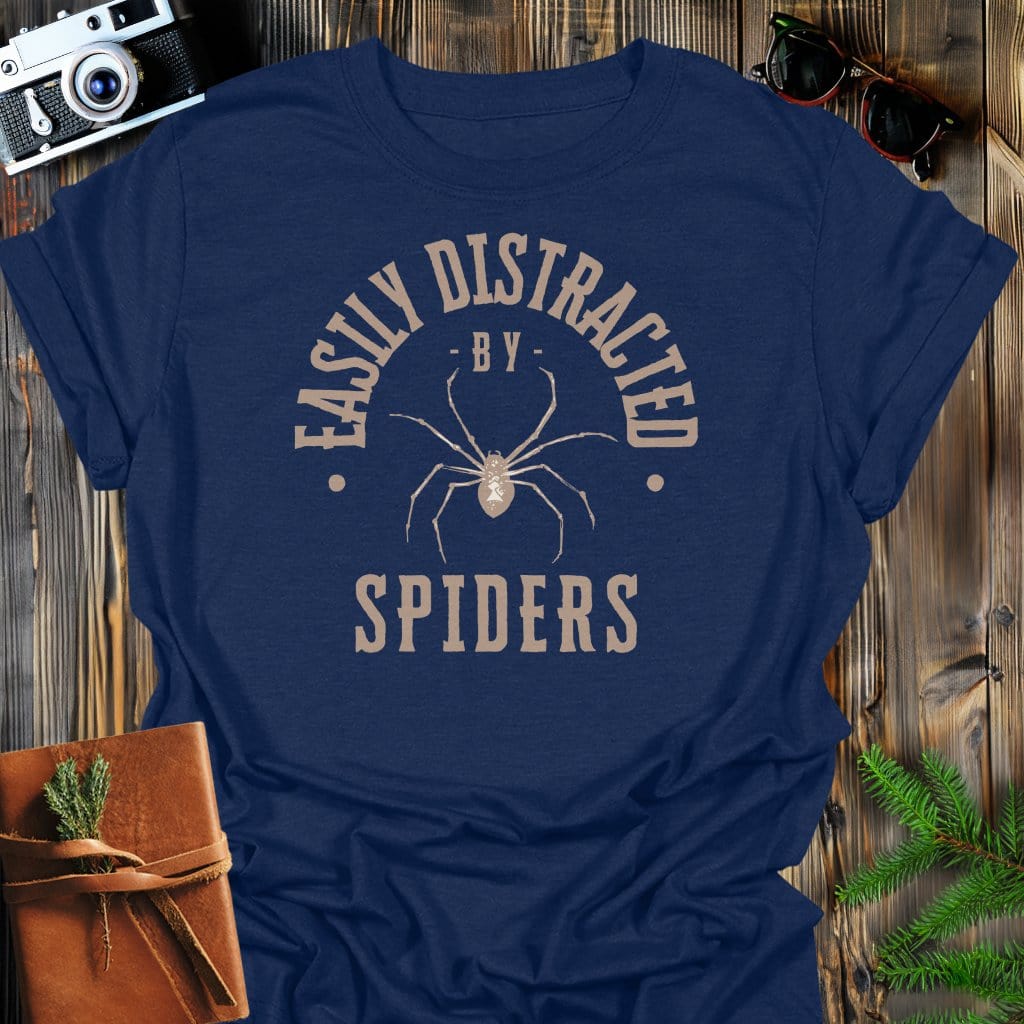 Distracted By Spiders T-Shirt In S / Navy Lightweight adventure tee for outdoor lovers Perfect for hiking camping or road trips Made from soft breathable cotton for all-day comfort Ideal for nature lovers and adventurers FAYO Threads outdoor apparel remember Fun Awaits You Outside