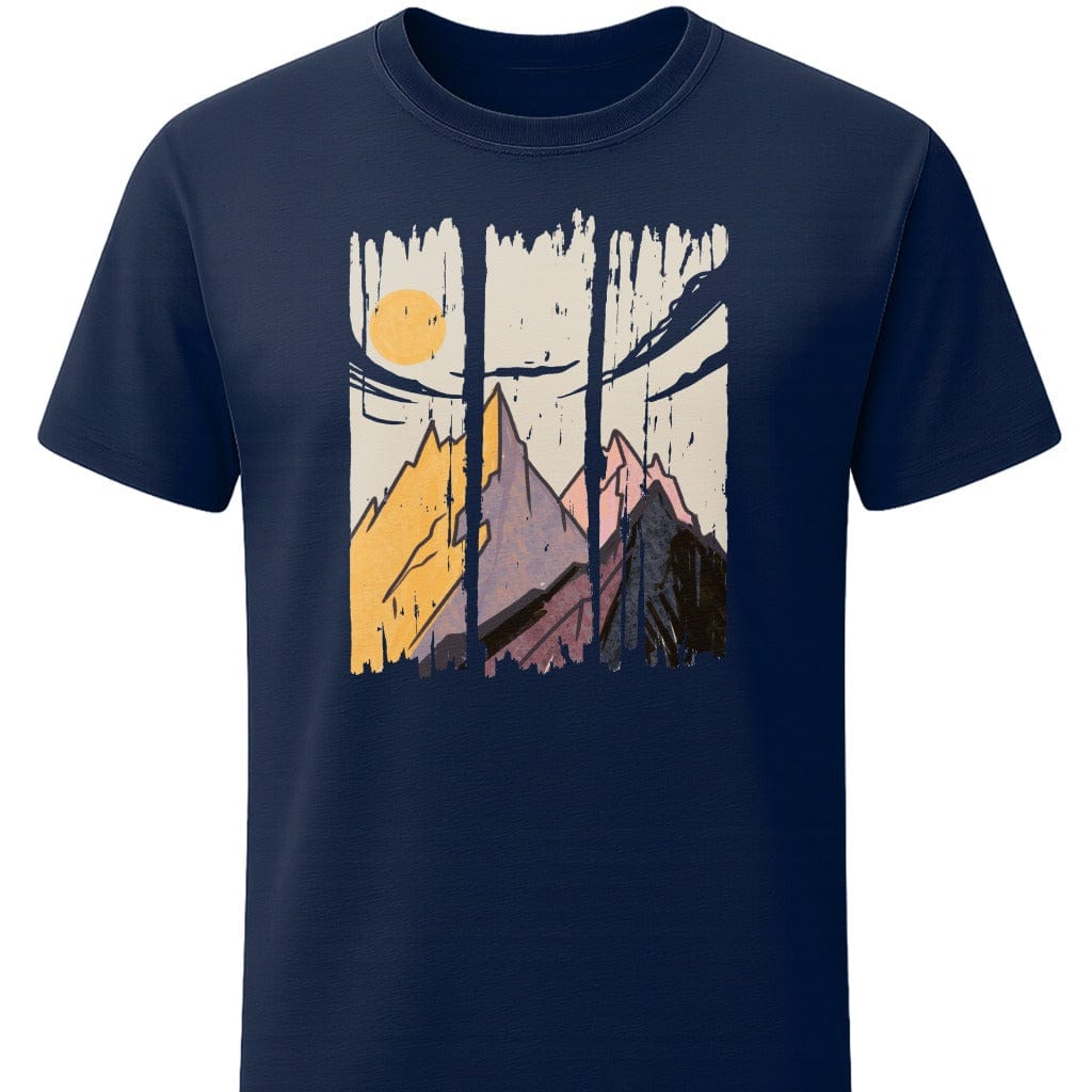 Distressed Mountain Sunset T-Shirt In S / Navy Lightweight adventure tee for outdoor lovers Perfect for hiking camping or road trips Made from soft breathable cotton for all-day comfort Ideal for nature lovers and adventurers FAYO Threads outdoor apparel remember Fun Awaits You Outside