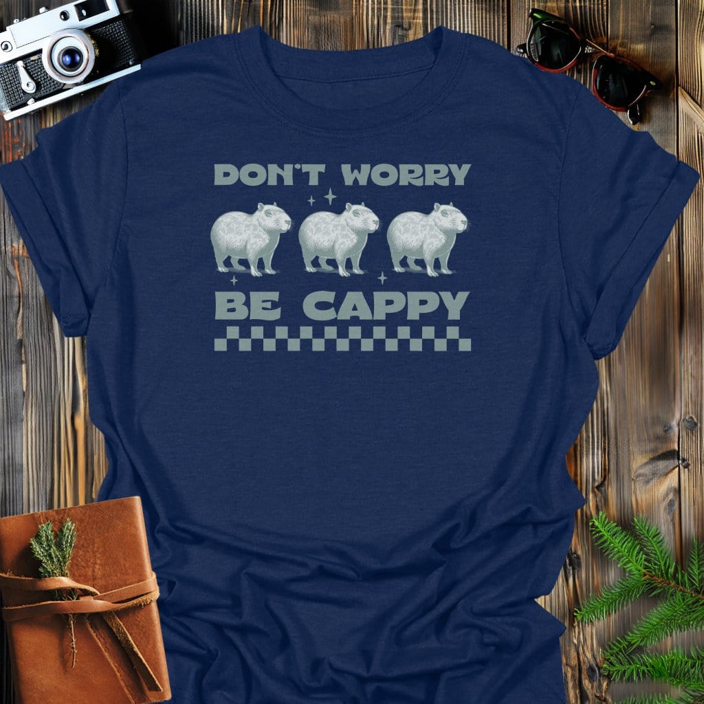 Don't Worry Be Cappy T-Shirt In Navy / S Lightweight adventure tee for outdoor lovers Perfect for hiking camping or road trips Made from soft breathable cotton for all-day comfort Ideal for nature lovers and adventurers FAYO Threads outdoor apparel remember Fun Awaits You Outside