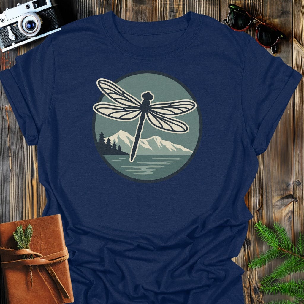 Dragonfly Mountain T-Shirt In S / Navy Lightweight adventure tee for outdoor lovers Perfect for hiking camping or road trips Made from soft breathable cotton for all-day comfort Ideal for nature lovers and adventurers FAYO Threads outdoor apparel remember Fun Awaits You Outside