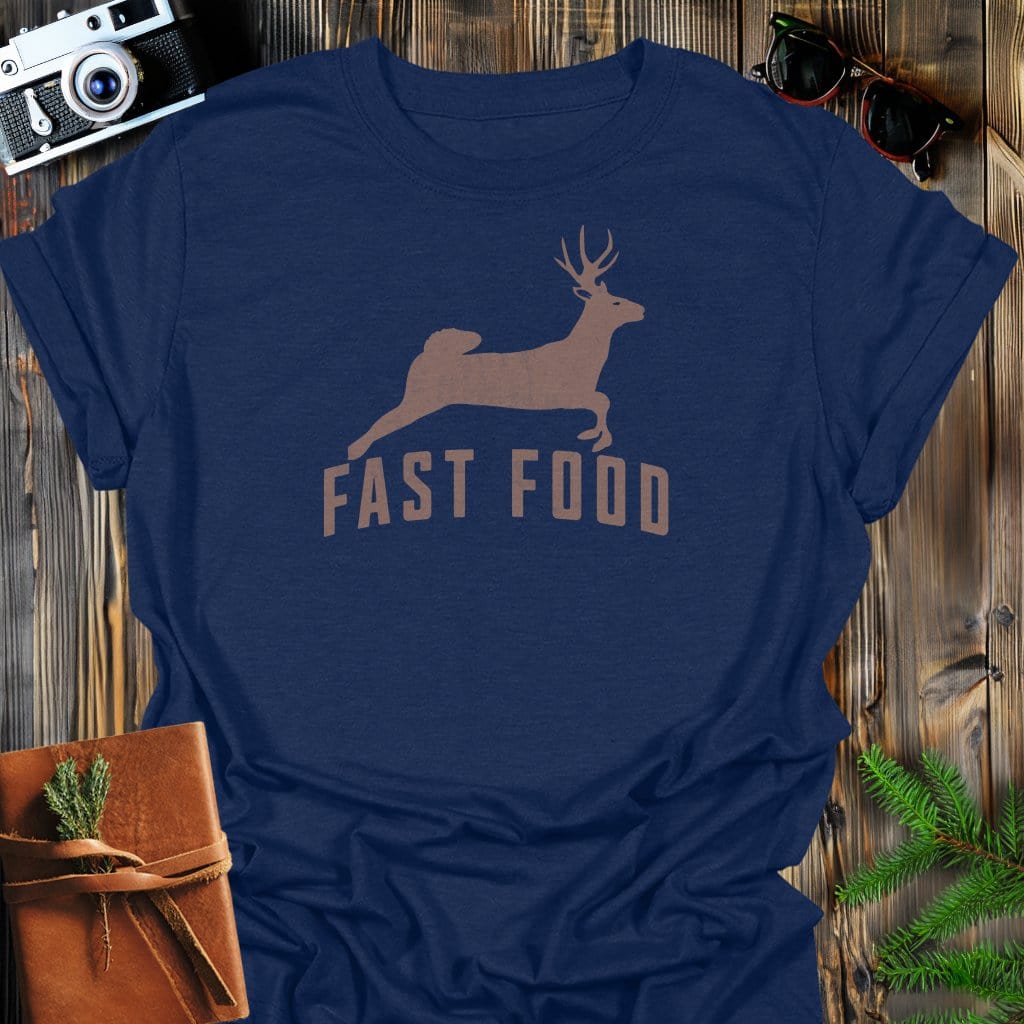 Fast Food T-Shirt In Navy / S Lightweight adventure tee for outdoor lovers Perfect for hiking camping or road trips Made from soft breathable cotton for all-day comfort Ideal for nature lovers and adventurers FAYO Threads outdoor apparel remember Fun Awaits You Outside