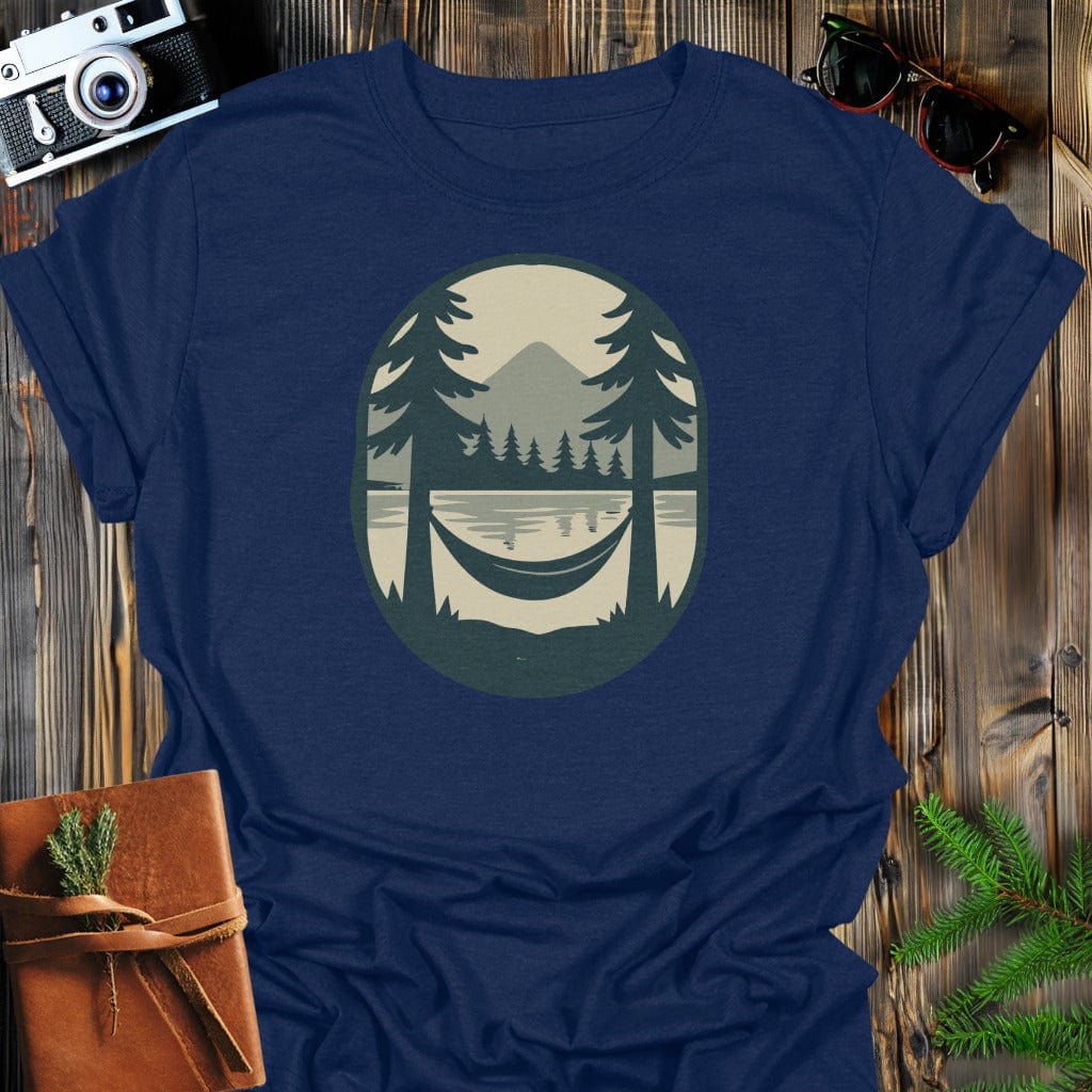 Hammock Lake T-Shirt In S / Navy Lightweight adventure tee for outdoor lovers Perfect for hiking camping or road trips Made from soft breathable cotton for all-day comfort Ideal for nature lovers and adventurers FAYO Threads outdoor apparel remember Fun Awaits You Outside