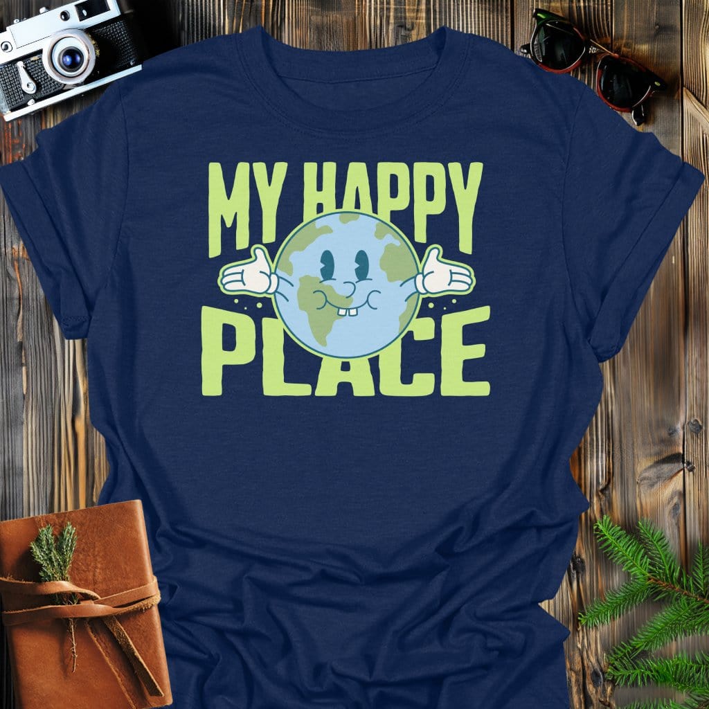 Happy Earth T-Shirt In Navy / S Lightweight adventure tee for outdoor lovers Perfect for hiking camping or road trips Made from soft breathable cotton for all-day comfort Ideal for nature lovers and adventurers FAYO Threads outdoor apparel remember Fun Awaits You Outside