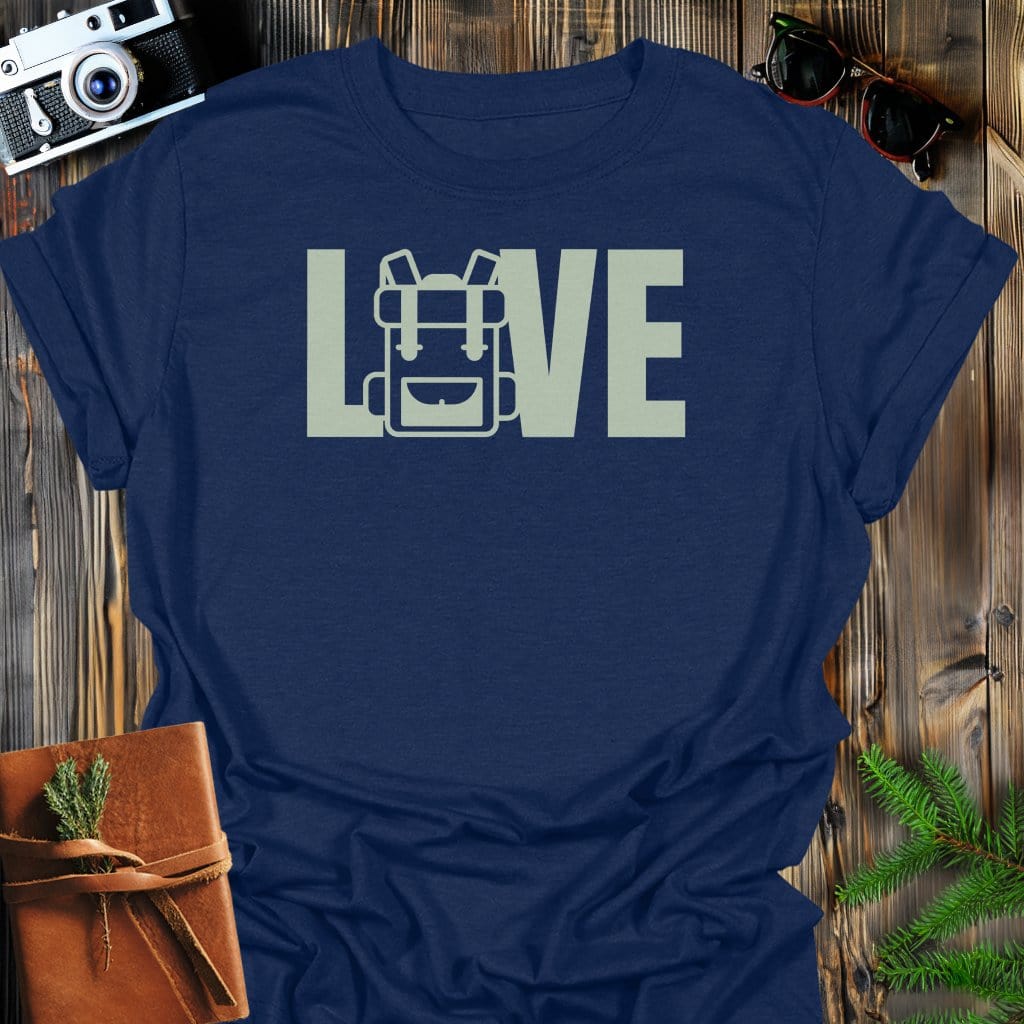 Love Hiking Backpack T-Shirt In Navy / S Lightweight adventure tee for outdoor lovers Perfect for hiking camping or road trips Made from soft breathable cotton for all-day comfort Ideal for nature lovers and adventurers FAYO Threads outdoor apparel remember Fun Awaits You Outside