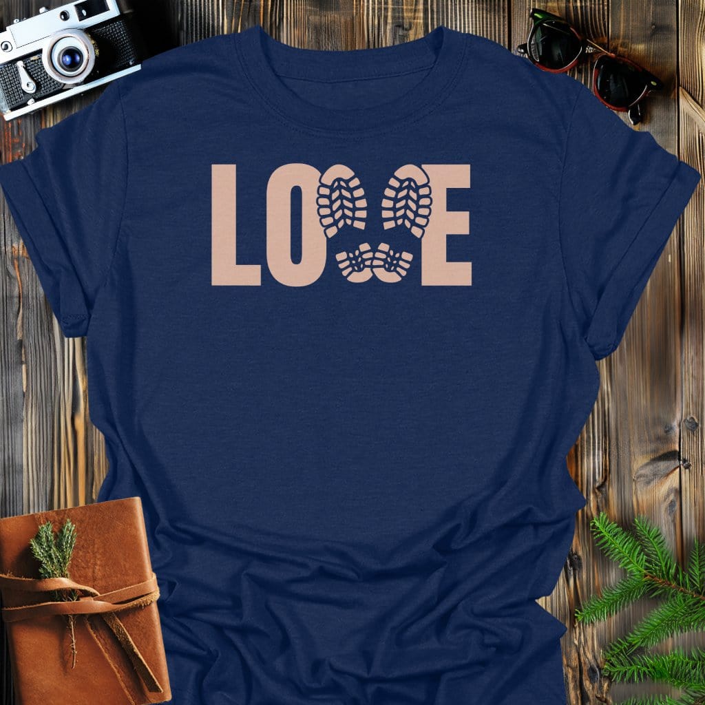 Love Hiking Boot Prints T-Shirt In Navy / S Lightweight adventure tee for outdoor lovers Perfect for hiking camping or road trips Made from soft breathable cotton for all-day comfort Ideal for nature lovers and adventurers FAYO Threads outdoor apparel remember Fun Awaits You Outside