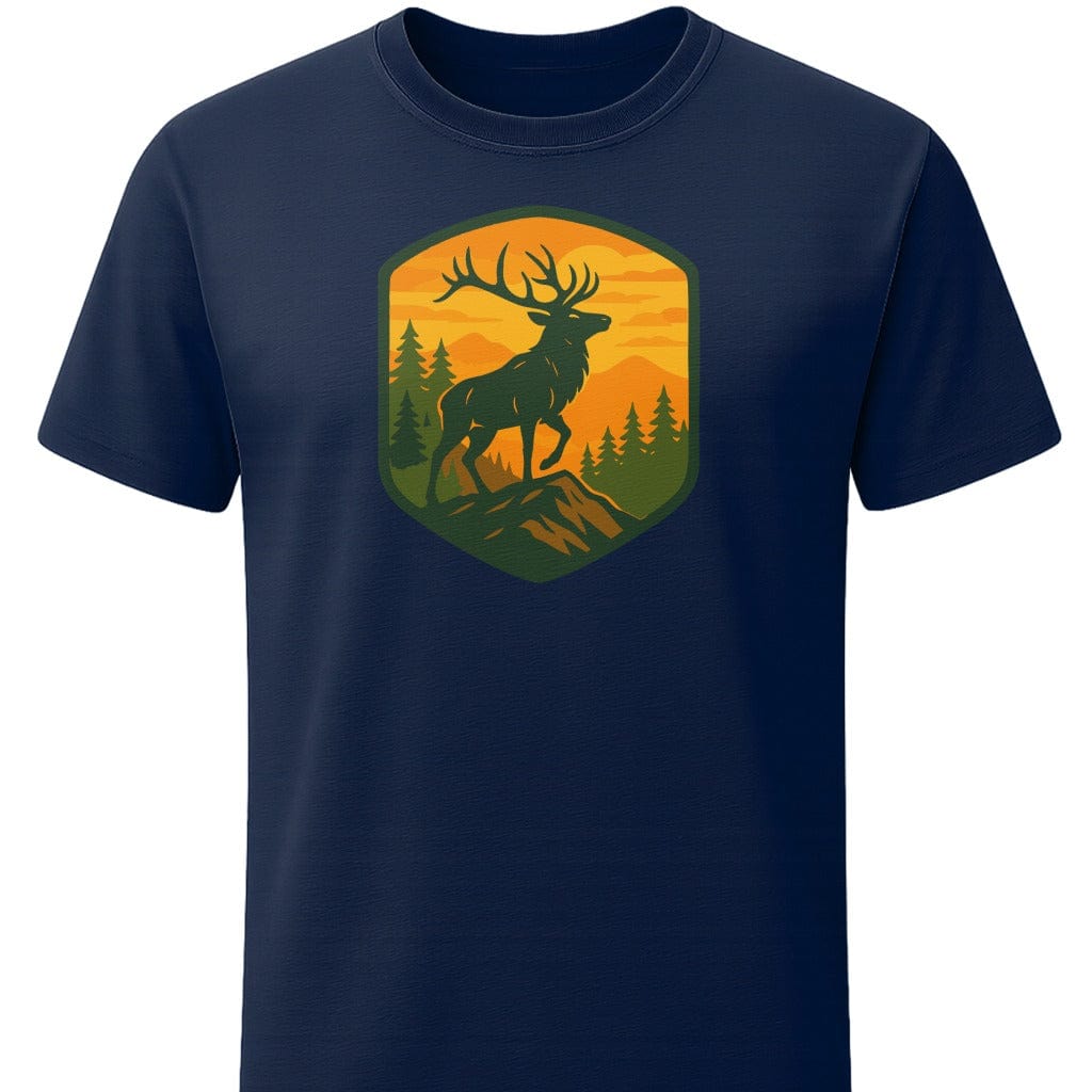Majestic Retro Elk T-Shirt In S / Navy Lightweight adventure tee for outdoor lovers Perfect for hiking camping or road trips Made from soft breathable cotton for all-day comfort Ideal for nature lovers and adventurers FAYO Threads outdoor apparel remember Fun Awaits You Outside