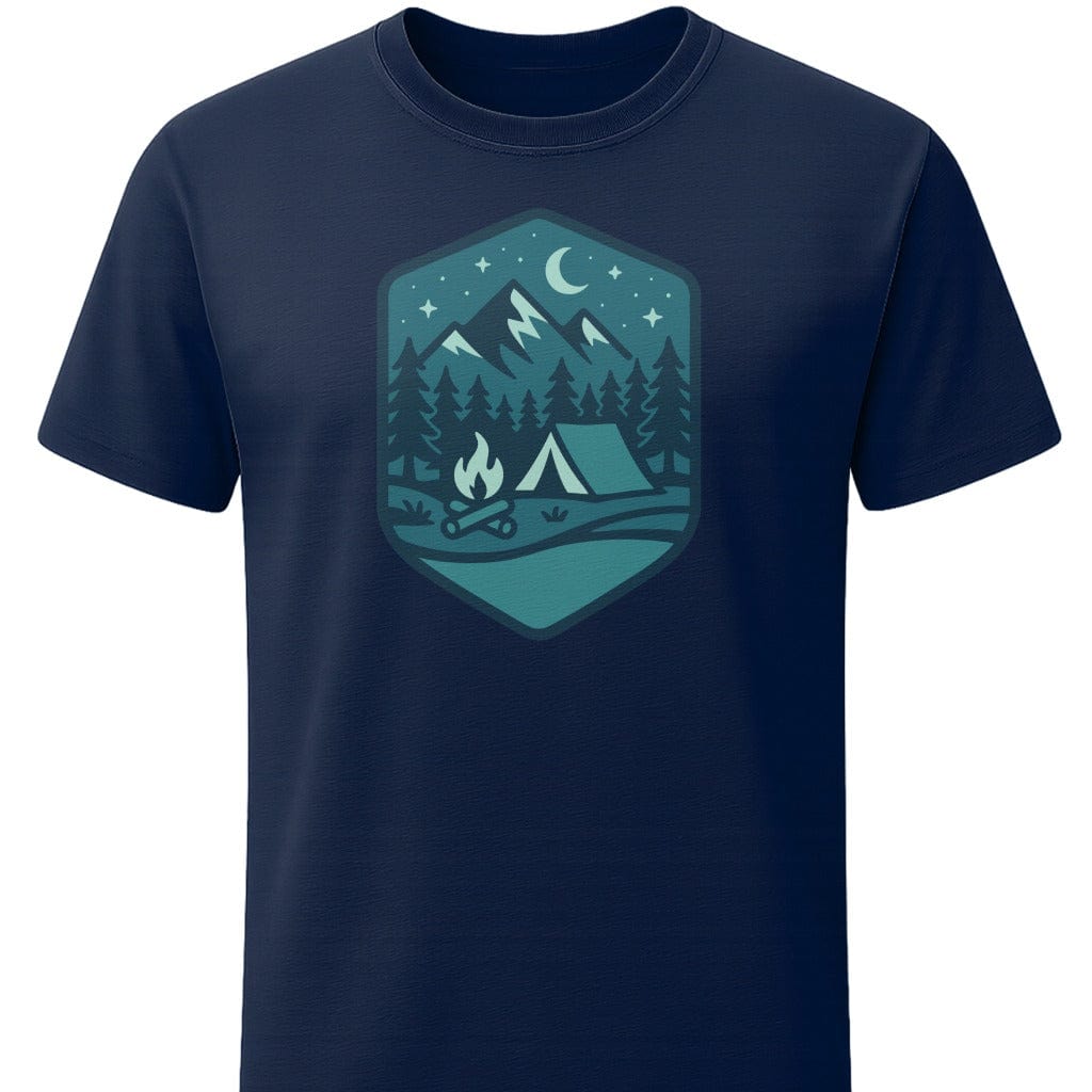 Midnight Bonfire T-Shirt In S / Navy Lightweight adventure tee for outdoor lovers Perfect for hiking camping or road trips Made from soft breathable cotton for all-day comfort Ideal for nature lovers and adventurers FAYO Threads outdoor apparel remember Fun Awaits You Outside