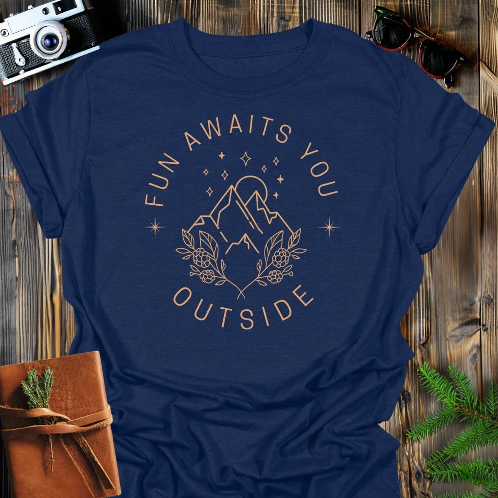 Mountain Flowers T-Shirt In Navy / S Lightweight adventure tee for outdoor lovers Perfect for hiking camping or road trips Made from soft breathable cotton for all-day comfort Ideal for nature lovers and adventurers FAYO Threads outdoor apparel remember Fun Awaits You Outside