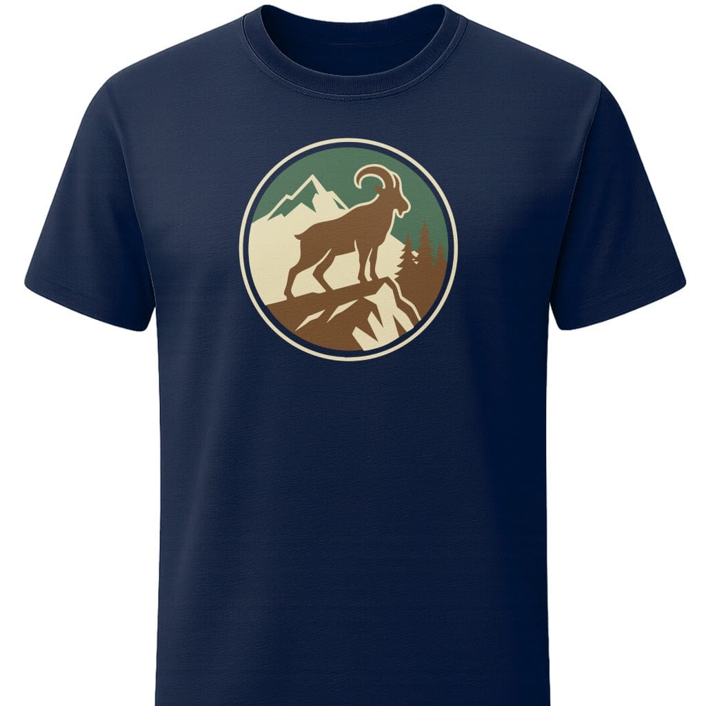 Mountain Goat Badge T-Shirt In S / Navy Lightweight adventure tee for outdoor lovers Perfect for hiking camping or road trips Made from soft breathable cotton for all-day comfort Ideal for nature lovers and adventurers FAYO Threads outdoor apparel remember Fun Awaits You Outside