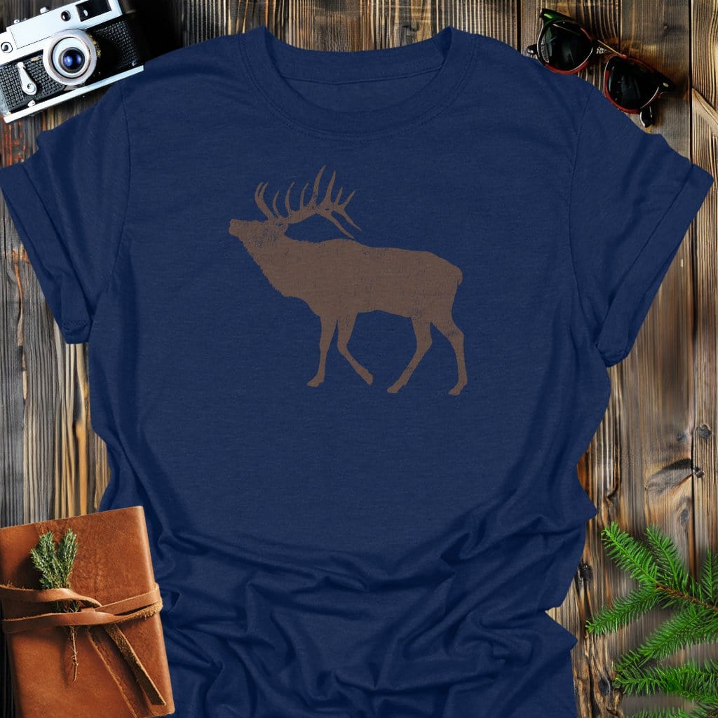 Rustic Elk T-Shirt In Navy / S Lightweight adventure tee for outdoor lovers Perfect for hiking camping or road trips Made from soft breathable cotton for all-day comfort Ideal for nature lovers and adventurers FAYO Threads outdoor apparel remember Fun Awaits You Outside
