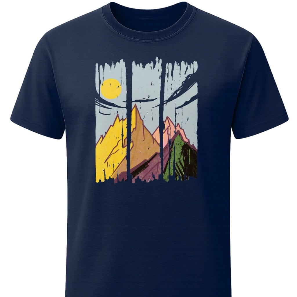 Sunset Peaks T-Shirt In S / Navy Lightweight adventure tee for outdoor lovers Perfect for hiking camping or road trips Made from soft breathable cotton for all-day comfort Ideal for nature lovers and adventurers FAYO Threads outdoor apparel remember Fun Awaits You Outside