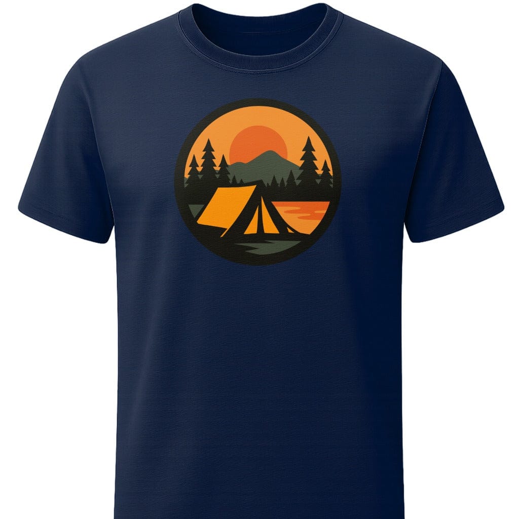 Sunset Tent T-Shirt In S / Navy Lightweight adventure tee for outdoor lovers Perfect for hiking camping or road trips Made from soft breathable cotton for all-day comfort Ideal for nature lovers and adventurers FAYO Threads outdoor apparel remember Fun Awaits You Outside