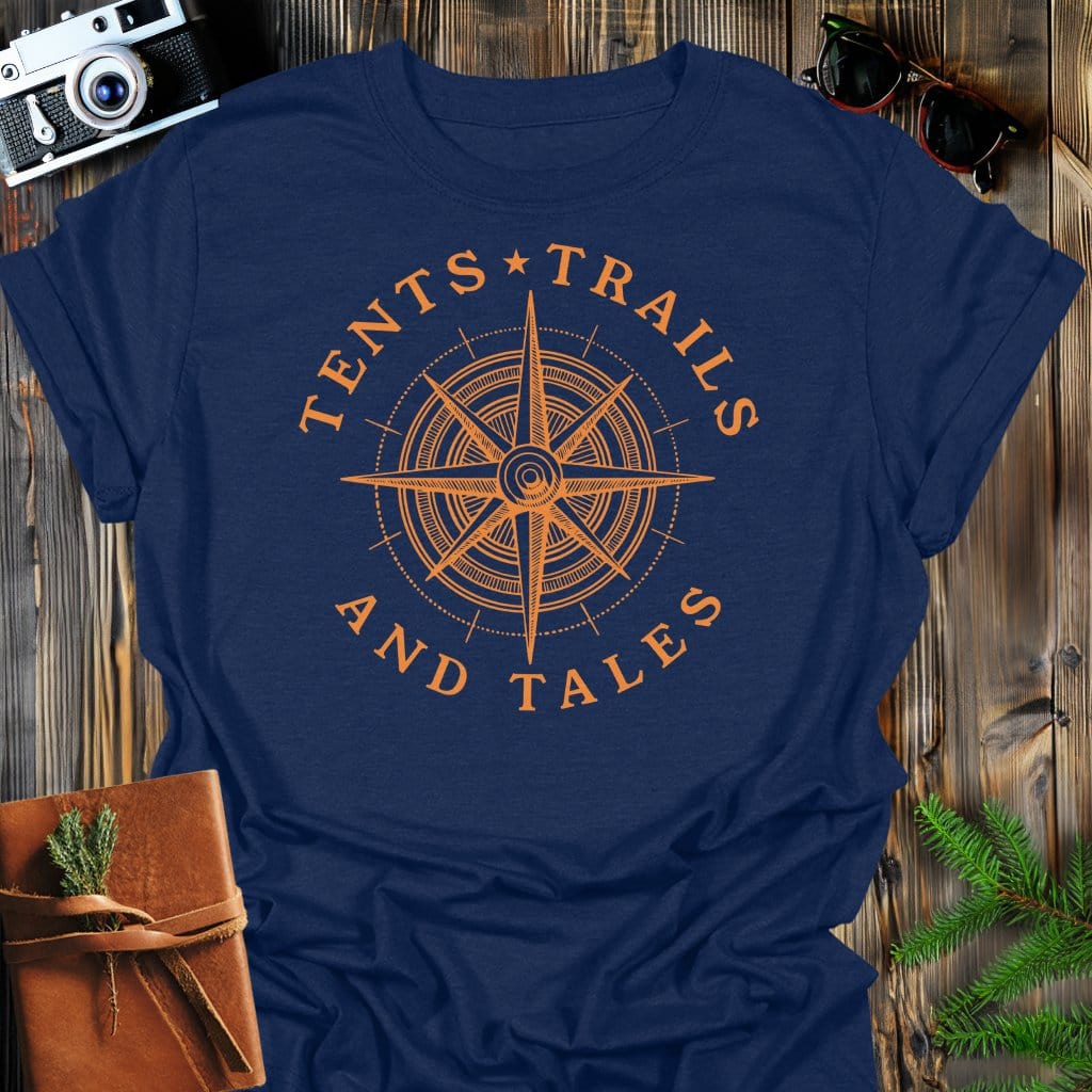 Tents & Trails T-Shirt In Navy / S Lightweight adventure tee for outdoor lovers Perfect for hiking camping or road trips Made from soft breathable cotton for all-day comfort Ideal for nature lovers and adventurers FAYO Threads outdoor apparel remember Fun Awaits You Outside