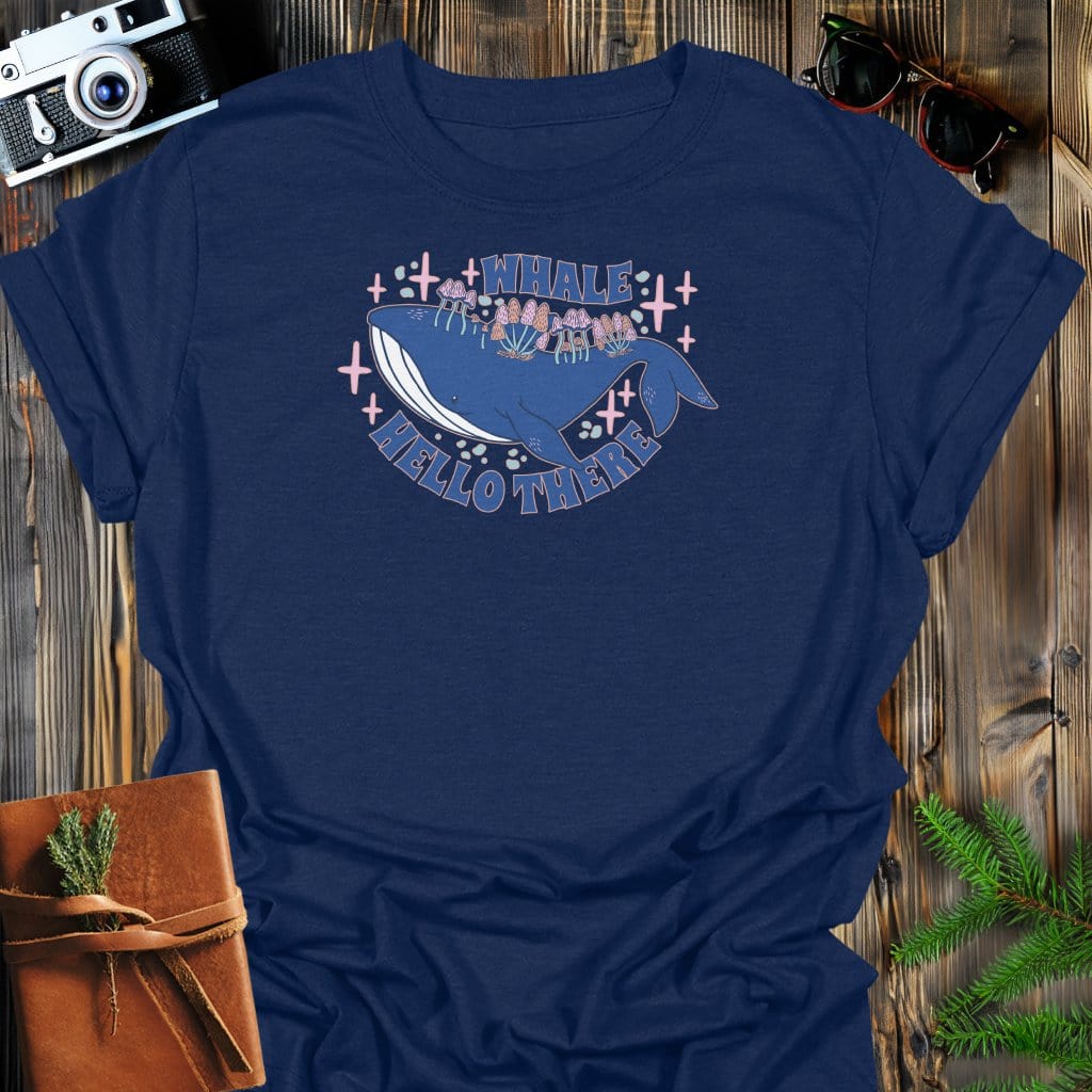 Whale Hello T-Shirt In Navy / S Lightweight adventure tee for outdoor lovers Perfect for hiking camping or road trips Made from soft breathable cotton for all-day comfort Ideal for nature lovers and adventurers FAYO Threads outdoor apparel remember Fun Awaits You Outside