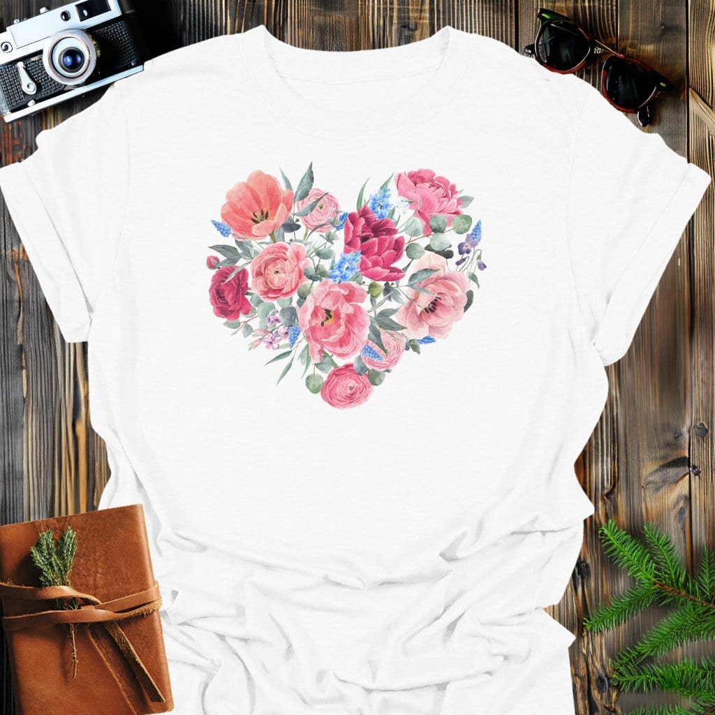 Blossom Heart T-Shirt In White / S Lightweight adventure tee for outdoor lovers Perfect for hiking camping or road trips Made from soft breathable cotton for all-day comfort Ideal for nature lovers and adventurers FAYO Threads outdoor apparel remember Fun Awaits You Outside