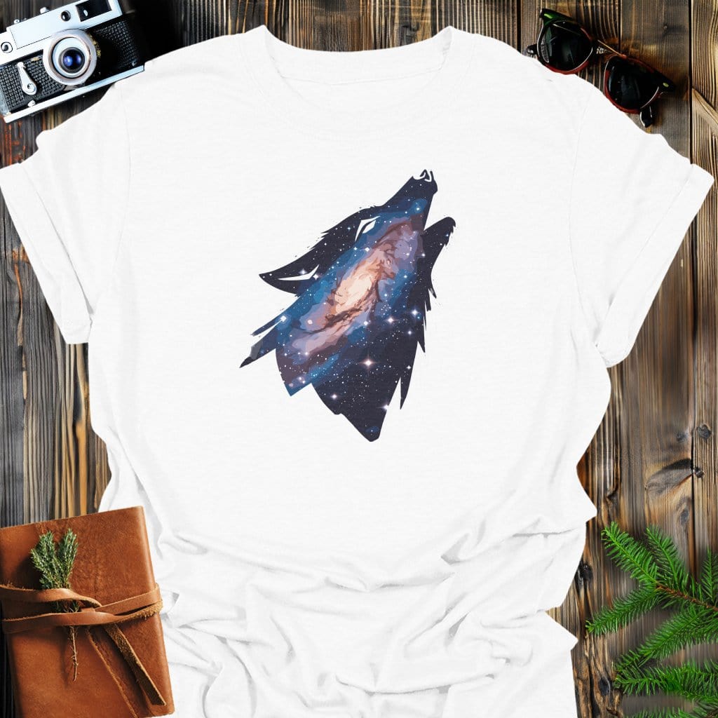 Cosmic Howl T-Shirt In White / S Lightweight adventure tee for outdoor lovers Perfect for hiking camping or road trips Made from soft breathable cotton for all-day comfort Ideal for nature lovers and adventurers FAYO Threads outdoor apparel remember Fun Awaits You Outside