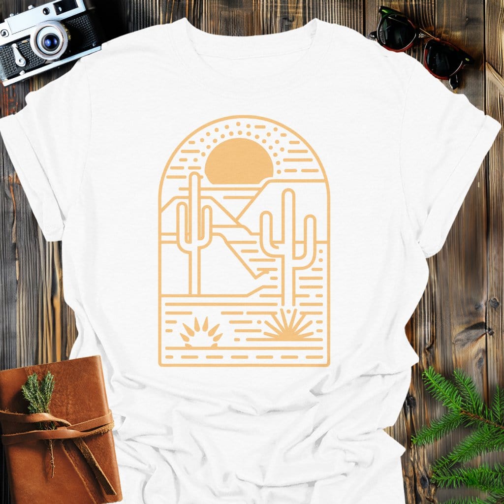 Desert Sun T-Shirt In White / S Lightweight adventure tee for outdoor lovers Perfect for hiking camping or road trips Made from soft breathable cotton for all-day comfort Ideal for nature lovers and adventurers FAYO Threads outdoor apparel remember Fun Awaits You Outside