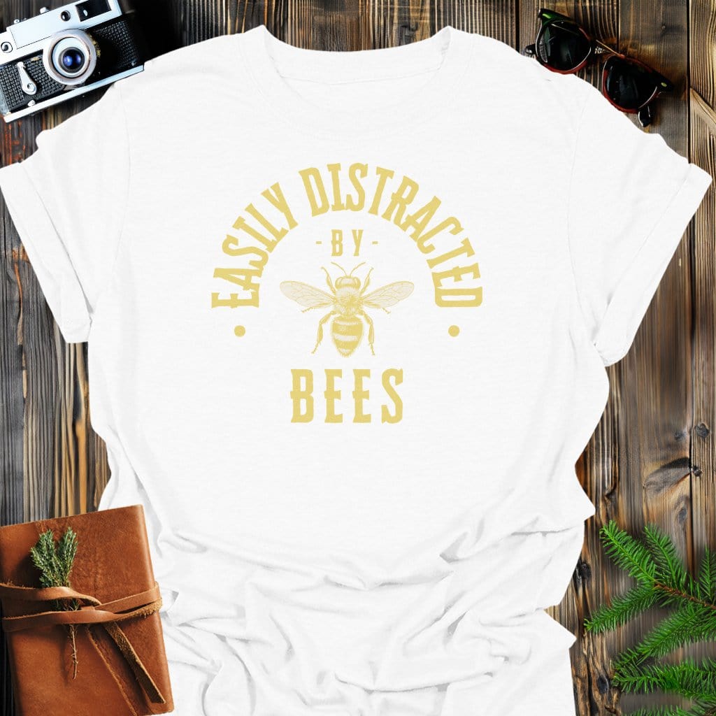 Distracted By Bees T-Shirt In S / White Lightweight adventure tee for outdoor lovers Perfect for hiking camping or road trips Made from soft breathable cotton for all-day comfort Ideal for nature lovers and adventurers FAYO Threads outdoor apparel remember Fun Awaits You Outside