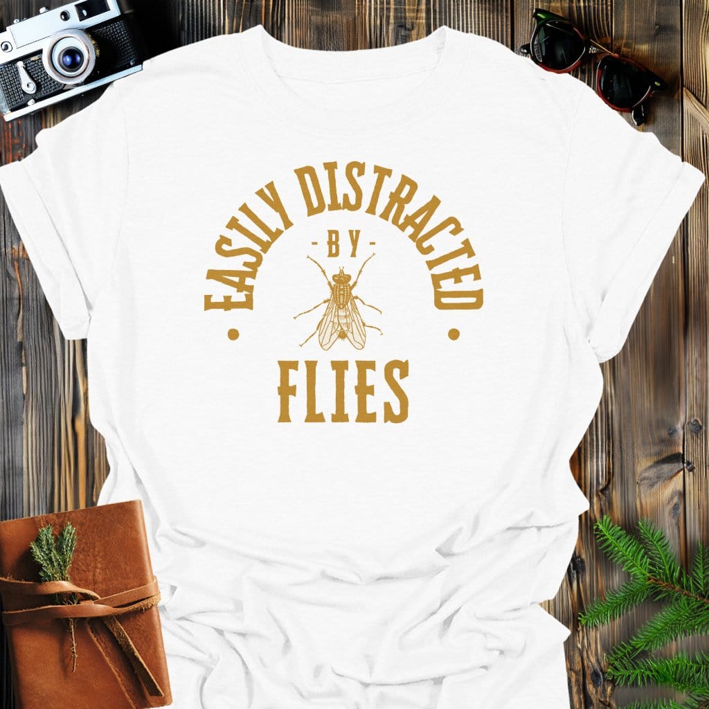 Distracted By Flies T-Shirt In S / White Lightweight adventure tee for outdoor lovers Perfect for hiking camping or road trips Made from soft breathable cotton for all-day comfort Ideal for nature lovers and adventurers FAYO Threads outdoor apparel remember Fun Awaits You Outside