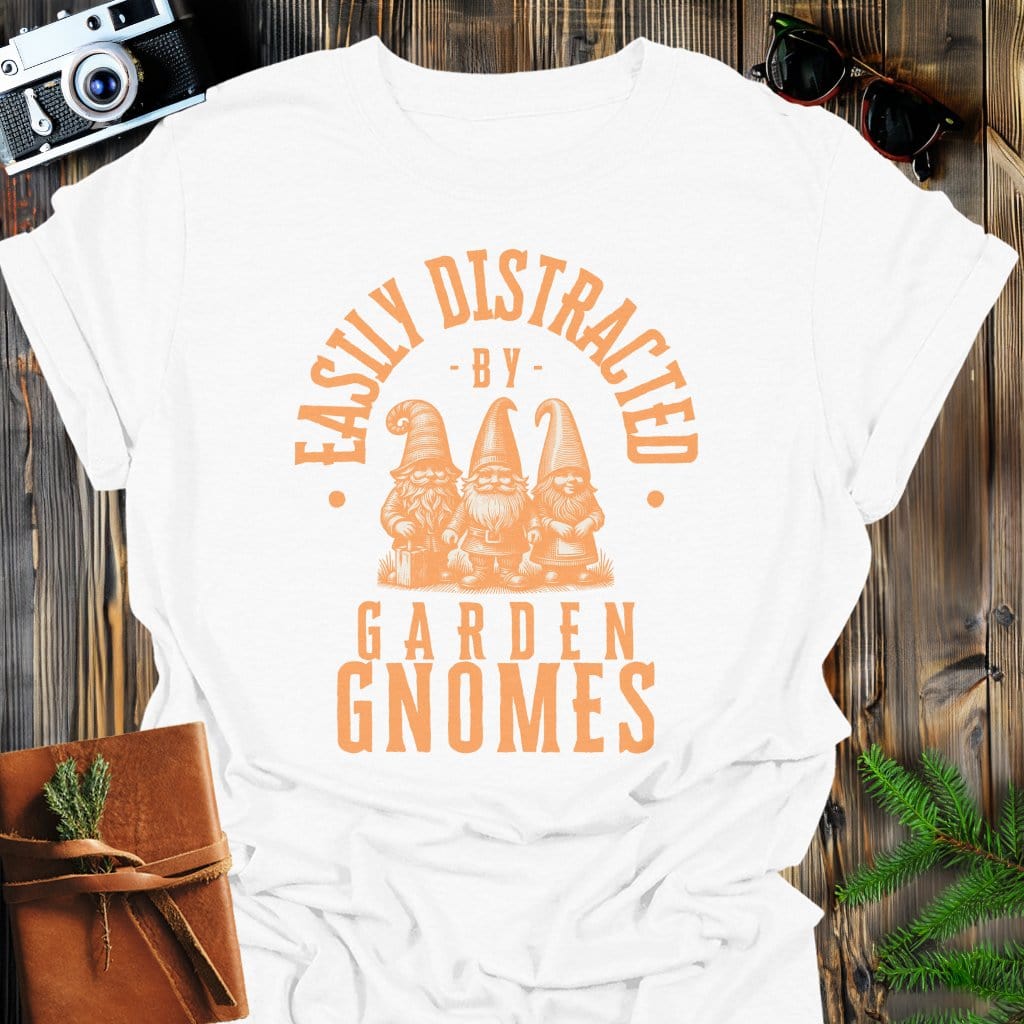 Distracted by Garden Gnomes T-Shirt In S / White Lightweight adventure tee for outdoor lovers Perfect for hiking camping or road trips Made from soft breathable cotton for all-day comfort Ideal for nature lovers and adventurers FAYO Threads outdoor apparel remember Fun Awaits You Outside