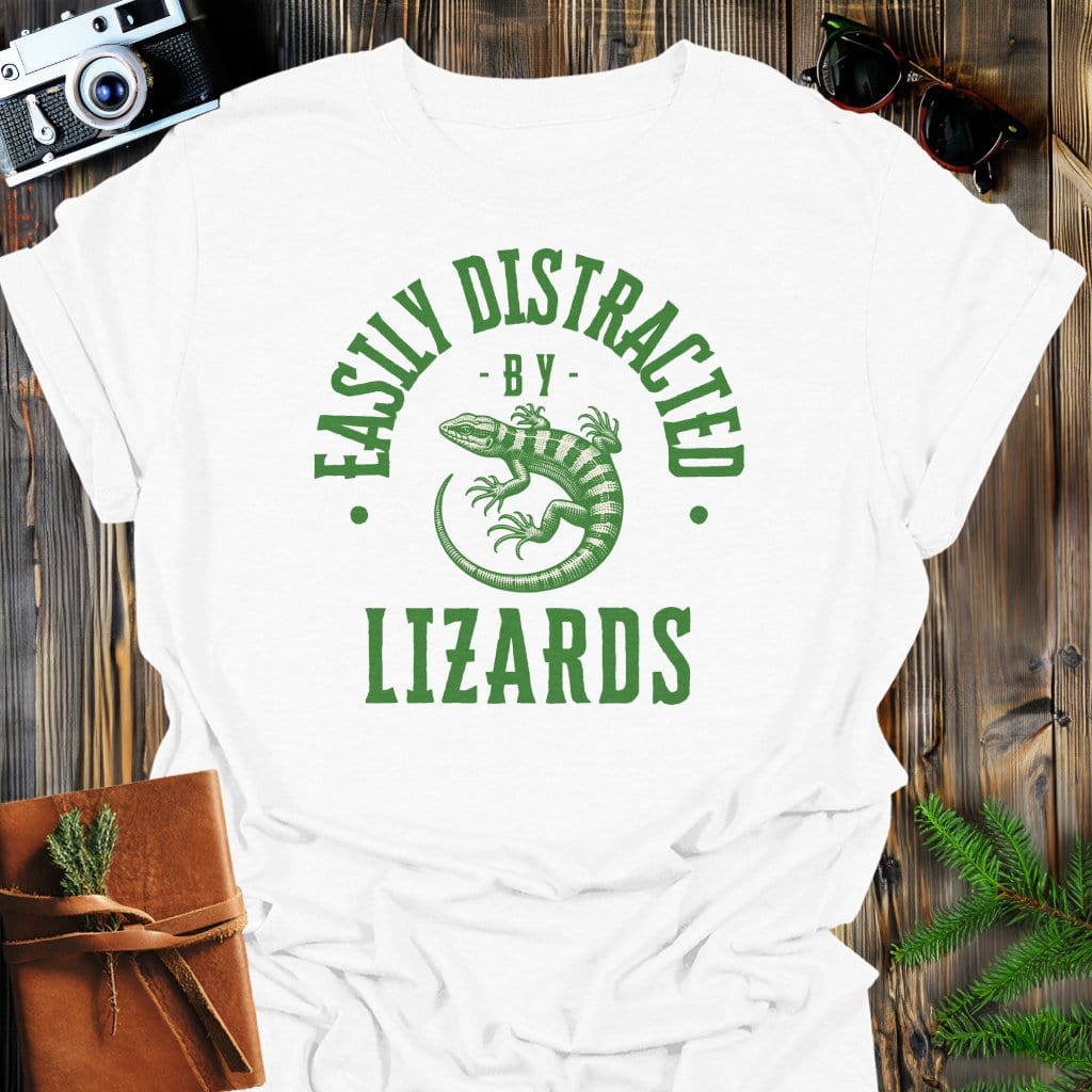 Distracted By Lizards T-Shirt In S / White Lightweight adventure tee for outdoor lovers Perfect for hiking camping or road trips Made from soft breathable cotton for all-day comfort Ideal for nature lovers and adventurers FAYO Threads outdoor apparel remember Fun Awaits You Outside