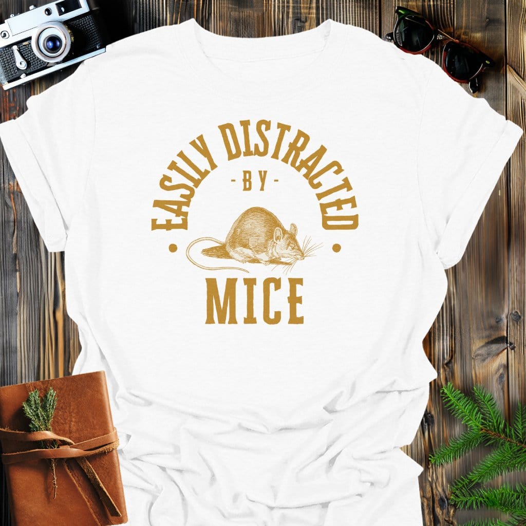 Distracted By Mice T-Shirt In S / White Lightweight adventure tee for outdoor lovers Perfect for hiking camping or road trips Made from soft breathable cotton for all-day comfort Ideal for nature lovers and adventurers FAYO Threads outdoor apparel remember Fun Awaits You Outside