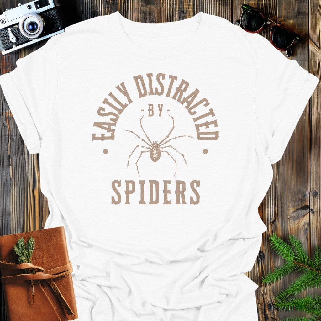 Distracted By Spiders T-Shirt In S / White Lightweight adventure tee for outdoor lovers Perfect for hiking camping or road trips Made from soft breathable cotton for all-day comfort Ideal for nature lovers and adventurers FAYO Threads outdoor apparel remember Fun Awaits You Outside