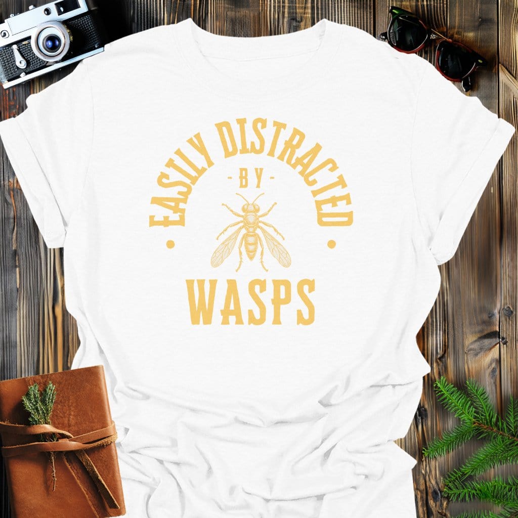 Distracted By Wasps T-Shirt In S / White Lightweight adventure tee for outdoor lovers Perfect for hiking camping or road trips Made from soft breathable cotton for all-day comfort Ideal for nature lovers and adventurers FAYO Threads outdoor apparel remember Fun Awaits You Outside