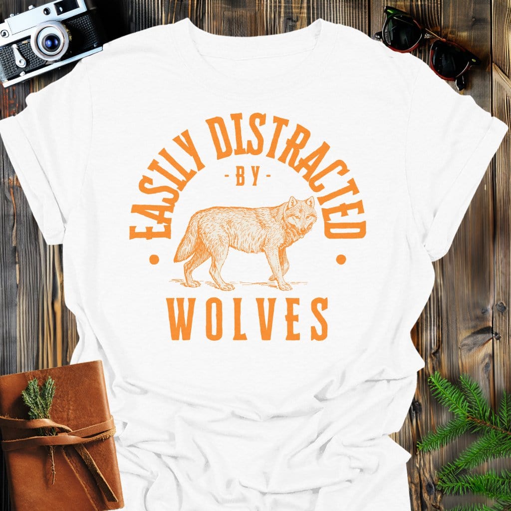 Distracted by Wolves T-Shirt In S / White Lightweight adventure tee for outdoor lovers Perfect for hiking camping or road trips Made from soft breathable cotton for all-day comfort Ideal for nature lovers and adventurers FAYO Threads outdoor apparel remember Fun Awaits You Outside