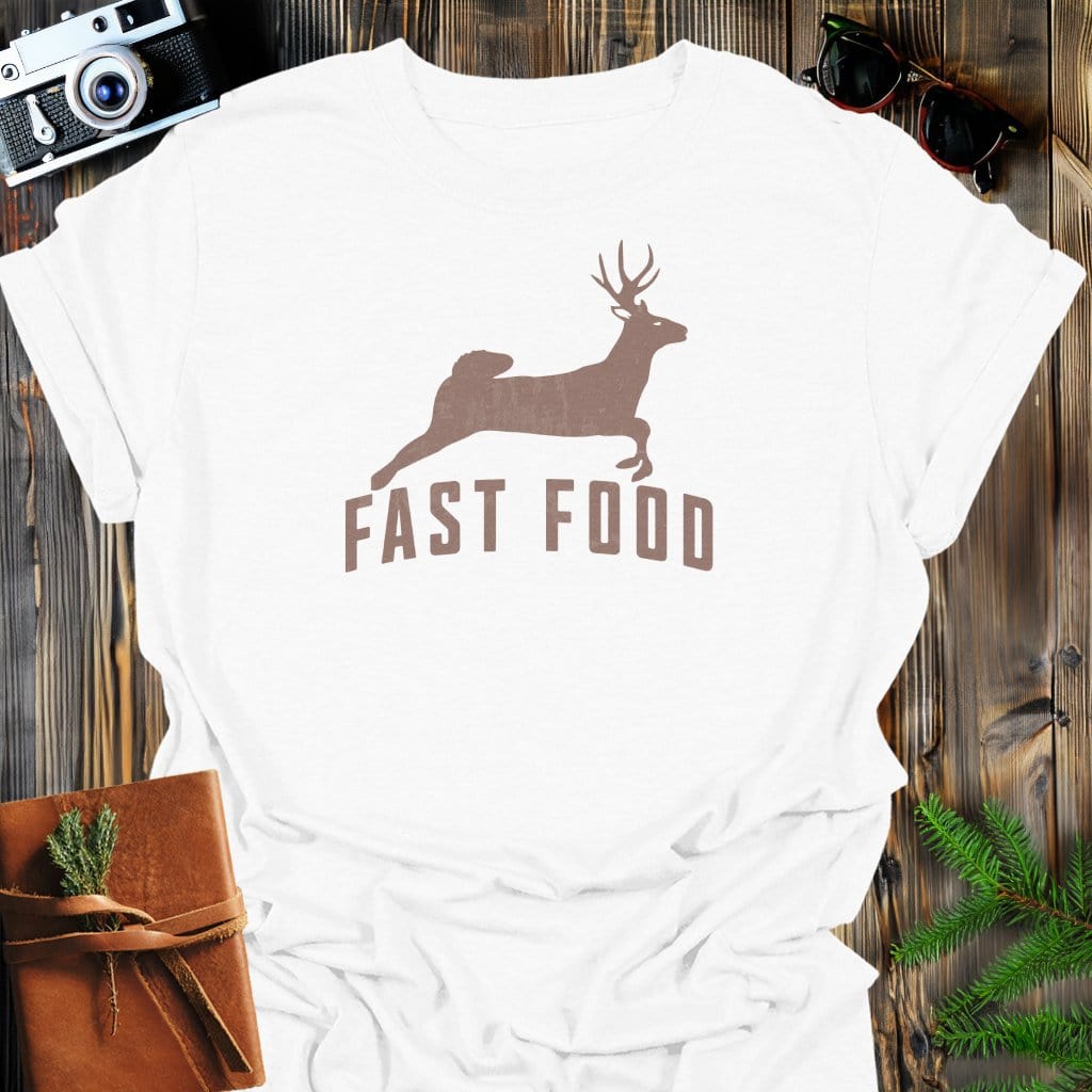 Fast Food T-Shirt In White / S Lightweight adventure tee for outdoor lovers Perfect for hiking camping or road trips Made from soft breathable cotton for all-day comfort Ideal for nature lovers and adventurers FAYO Threads outdoor apparel remember Fun Awaits You Outside