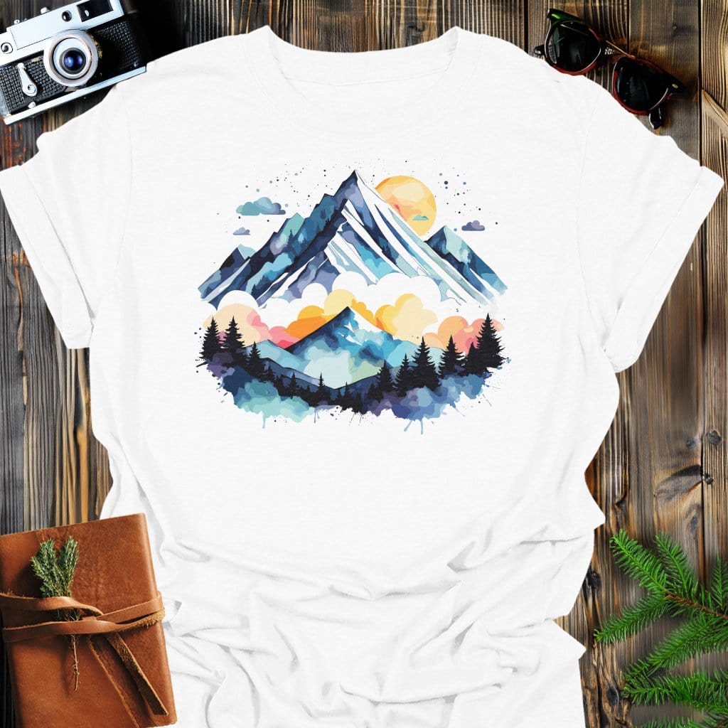 Painted Peaks T-Shirt In White / S Lightweight adventure tee for outdoor lovers Perfect for hiking camping or road trips Made from soft breathable cotton for all-day comfort Ideal for nature lovers and adventurers FAYO Threads outdoor apparel remember Fun Awaits You Outside