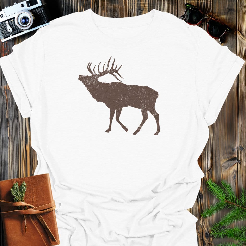 Rustic Elk T-Shirt In White / S Lightweight adventure tee for outdoor lovers Perfect for hiking camping or road trips Made from soft breathable cotton for all-day comfort Ideal for nature lovers and adventurers FAYO Threads outdoor apparel remember Fun Awaits You Outside