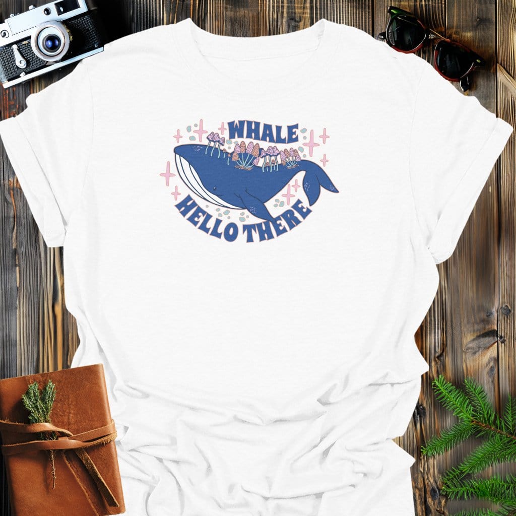Whale Hello T-Shirt In White / S Lightweight adventure tee for outdoor lovers Perfect for hiking camping or road trips Made from soft breathable cotton for all-day comfort Ideal for nature lovers and adventurers FAYO Threads outdoor apparel remember Fun Awaits You Outside