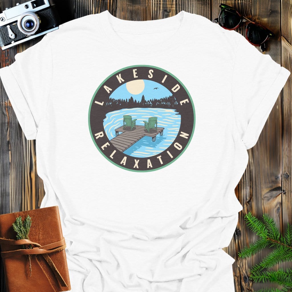 Lakeside Relaxation Sunset T-Shirt In White / S Lightweight adventure tee for outdoor lovers Perfect for hiking camping or road trips Made from soft breathable cotton for all-day comfort Ideal for nature lovers and adventurers FAYO Threads outdoor apparel remember Fun Awaits You Outside