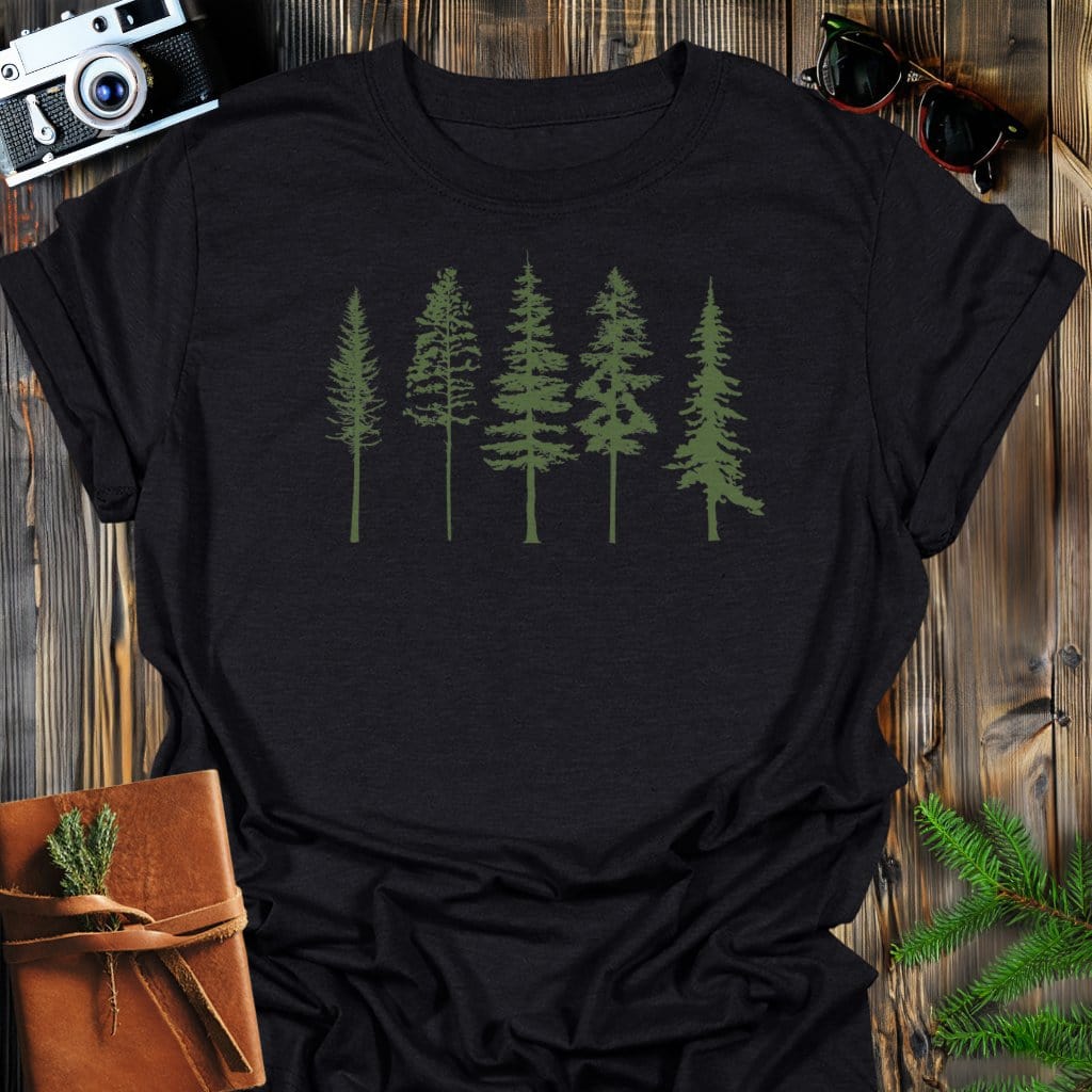 Evergreen Row T-Shirt In Black / S Lightweight adventure tee for outdoor lovers Perfect for hiking camping or road trips Made from soft breathable cotton for all-day comfort Ideal for nature lovers and adventurers FAYO Threads outdoor apparel remember Fun Awaits You Outside